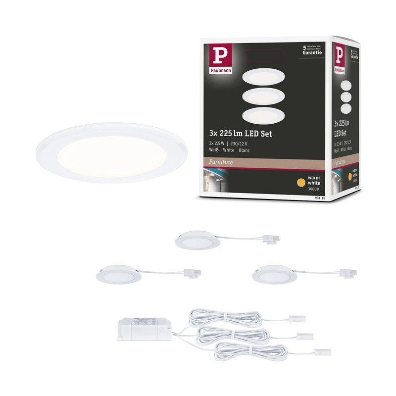 Paulmann 93115 LED recessed Furniture luminaire 3-piece Set 65 mm 3x2.5W 3x180lm 230/12V 3000K White