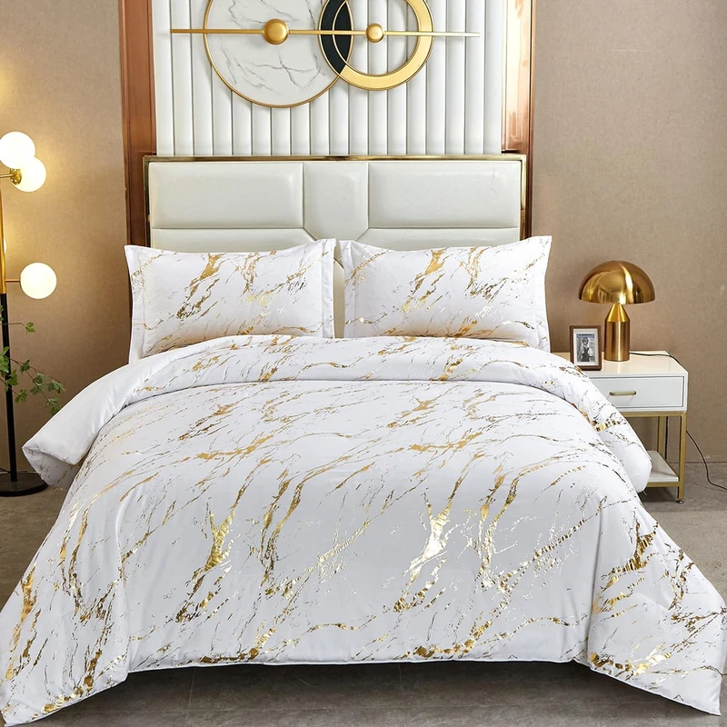 WONGS BEDDING White Gold Metallic Marble Comforter Set Full Foil Print Glitter Bedding Sets with 2 Pillowcases for All Seasons, Soft Microfiber Filling Bedding Duvet Set 78"×90"