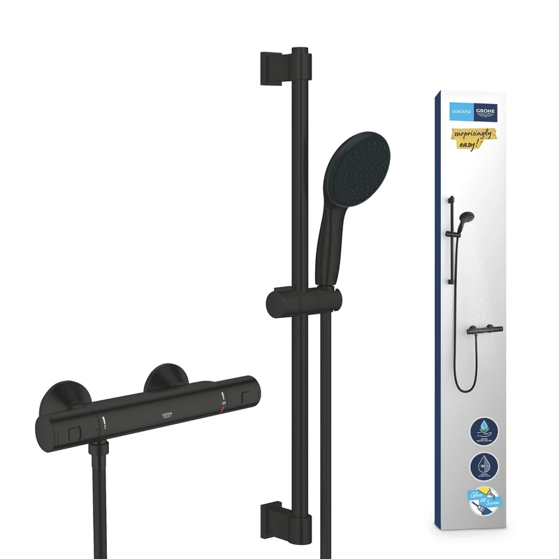 GROHE Precision Start – Exposed Thermostatic Shower Set (Thermostat, Round 11cm Hand Shower 1 Spray, 1.75m Shower Hose and Glueable 60cm Rail, Safety Functions, Water Saving), Matt Black, 345972431