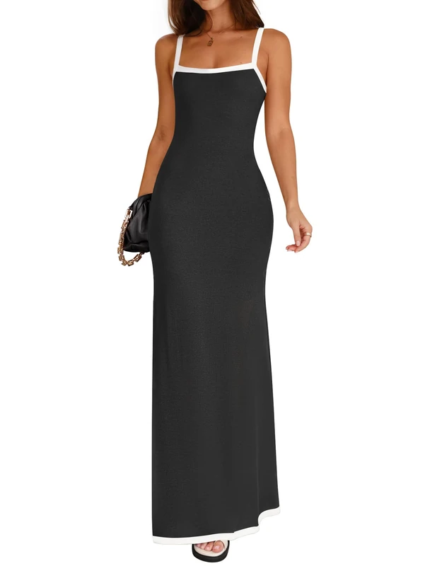 ZESICA Women's Summer Spaghetti Straps Maxi Dress 2024 Sleeveless Square Neck Lightweight Long Beach Dresses, Black, M - Image 1