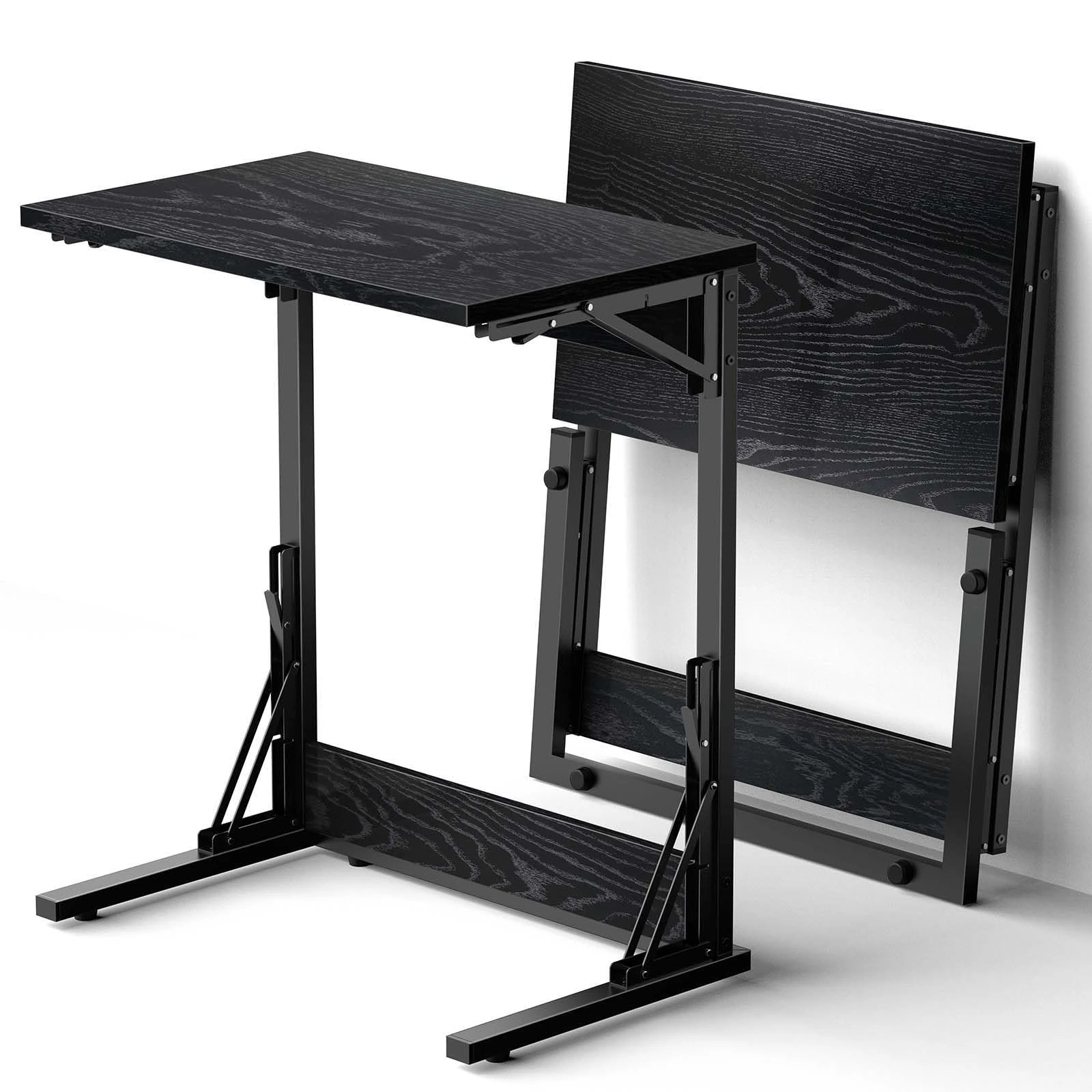 Tatub 24" Folding C Shaped End Table Set of 2, Small Sofa Side Laptop Desk, Couch TV Tray Table for Living Room, Bedroom, Black