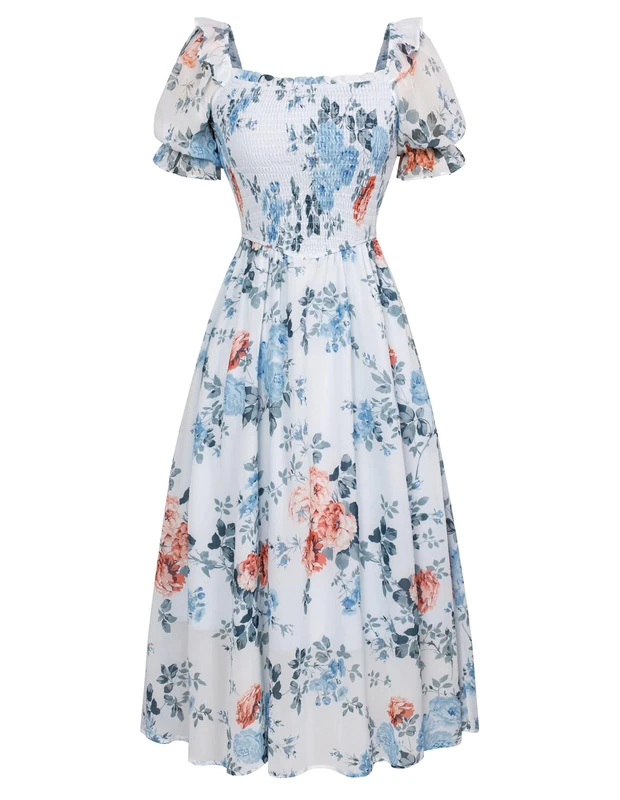 SCARLET DARKNESS Women's Cottagecore Dress Puff Sleeve Square Neck Flowy Smocked Maxi Dress, Light Blue, XL