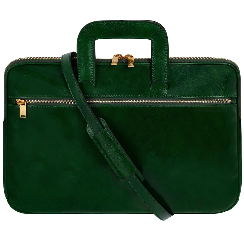 Time Resistance Slim Leather Briefcase - Italian Handmade Leather Computer Bag - Briefcase for Men and Women - Laptop Bag, Green