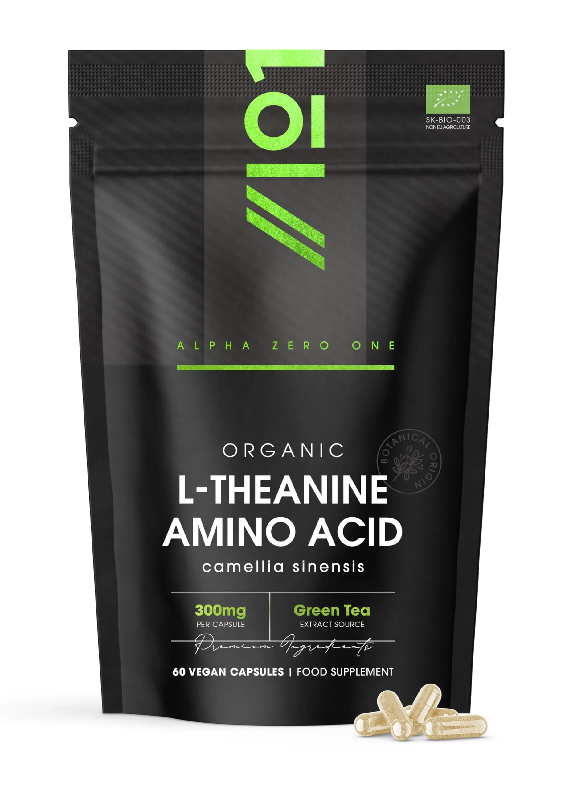 Organic L-Theanine 300mg from Green Tea Extract - 60 Vegan Capsules (2 Months Supply) - High Strength Theanine Amino Acid Supplement - by Alpha01