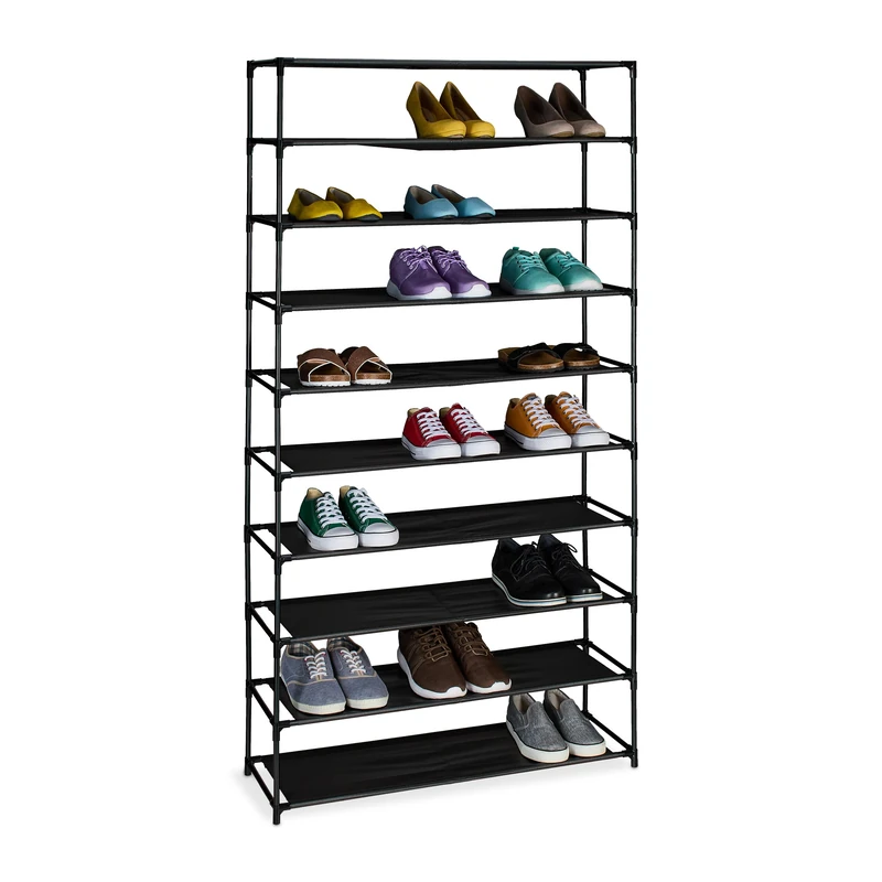 Relaxdays Shoe Rack, Levels, Metal Frame, Fabric, Plug Together, Organisation, Hallway Storage, Black, Fleece, 10 tier