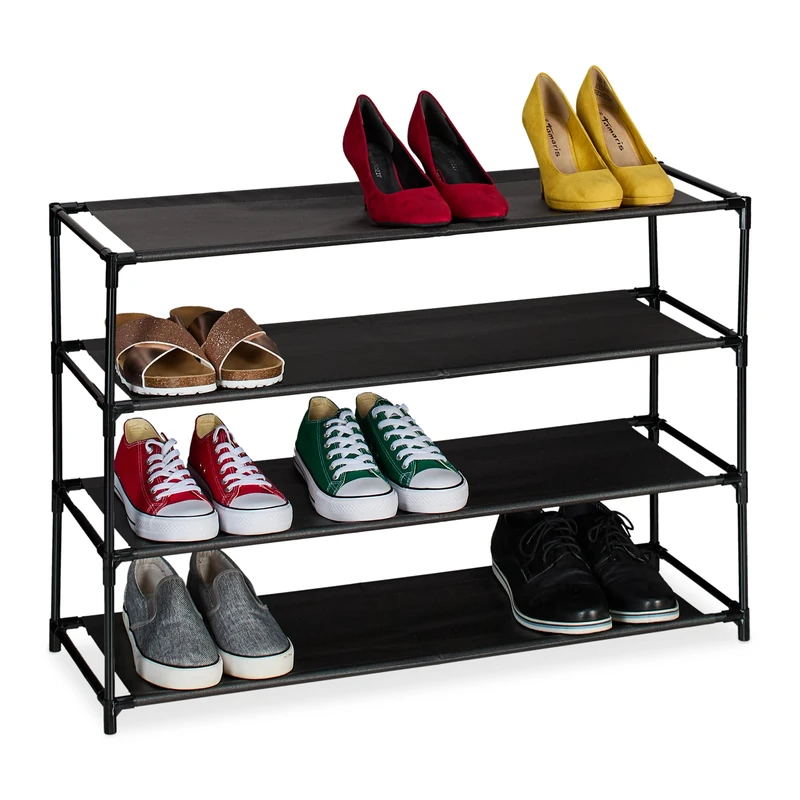 Relaxdays Shoe Rack, with 4 Levels, Metal Frame, Fabric, Plug Together, Organisation, Hallway Storage, Black, Fleece, 4 tier