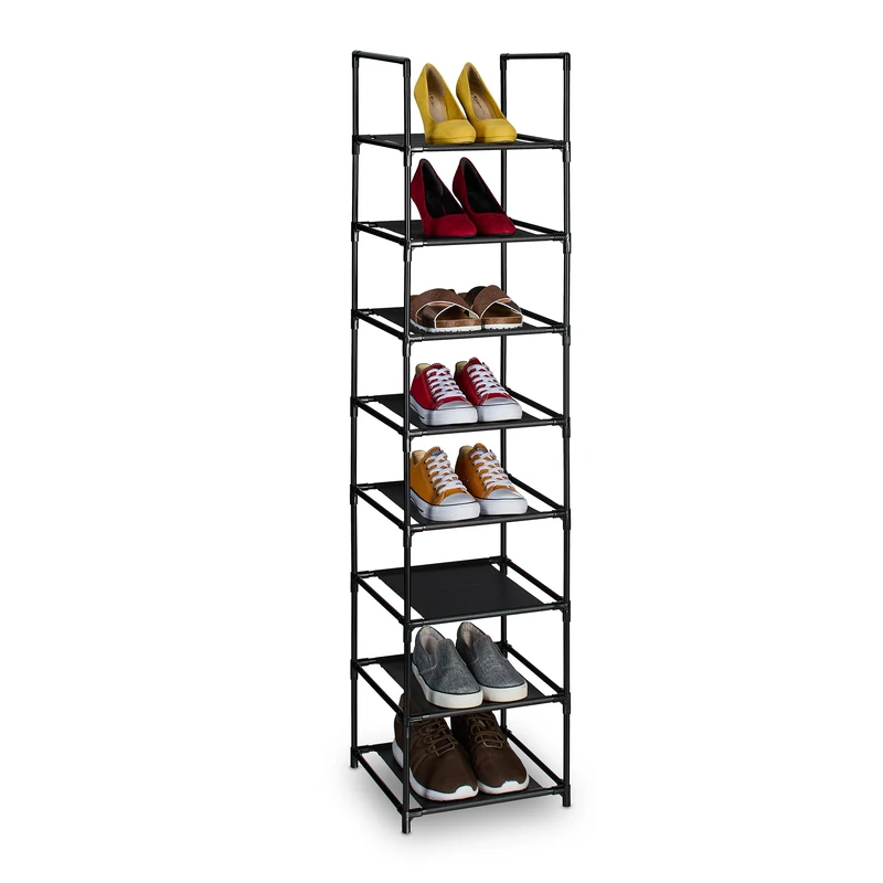 Relaxdays Shoe Rack, 8 Tiers, Narrow Metal Frame, Fabric Levels, Plug Together, Organise, Hallway Storage, Black/Grey