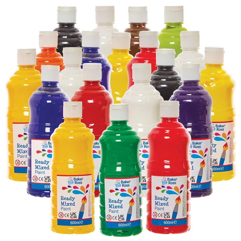 Baker Ross FN165 Ready Mixed Paints Classpack - Pack of 20, Paint Value Pack of Bottles, Paint for Kids