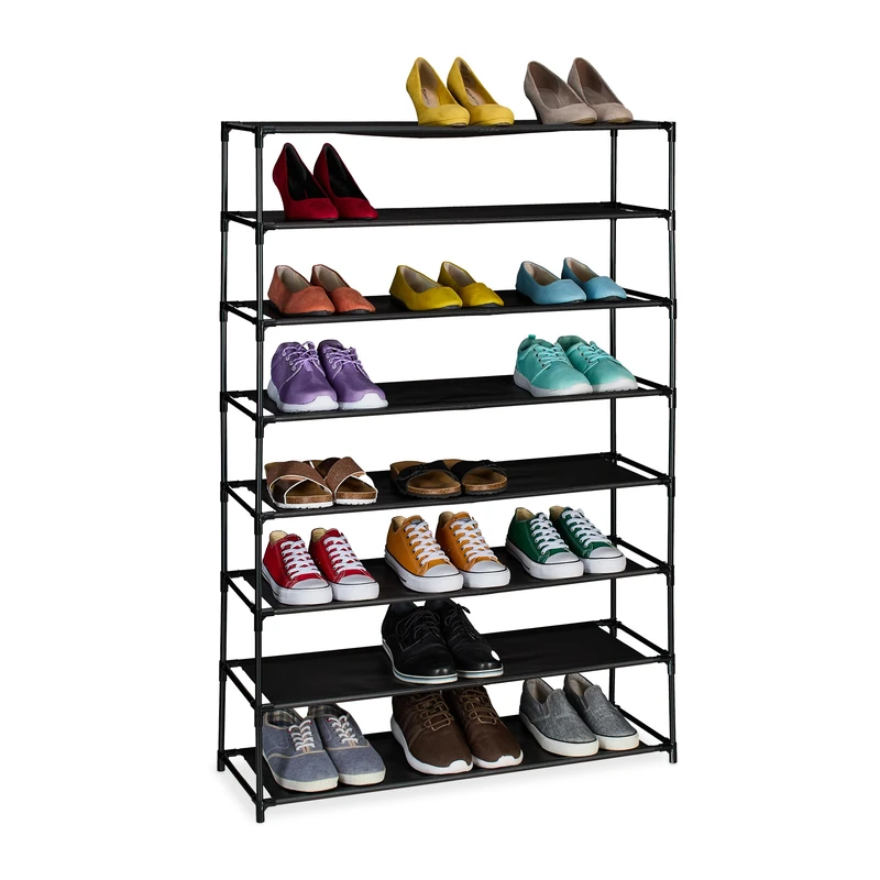 Relaxdays Shoe Rack, with 8 Levels, Metal Frame, Fabric, Plug Together, Organisation, Hallway Storage, Black, Fleece, 8 tier