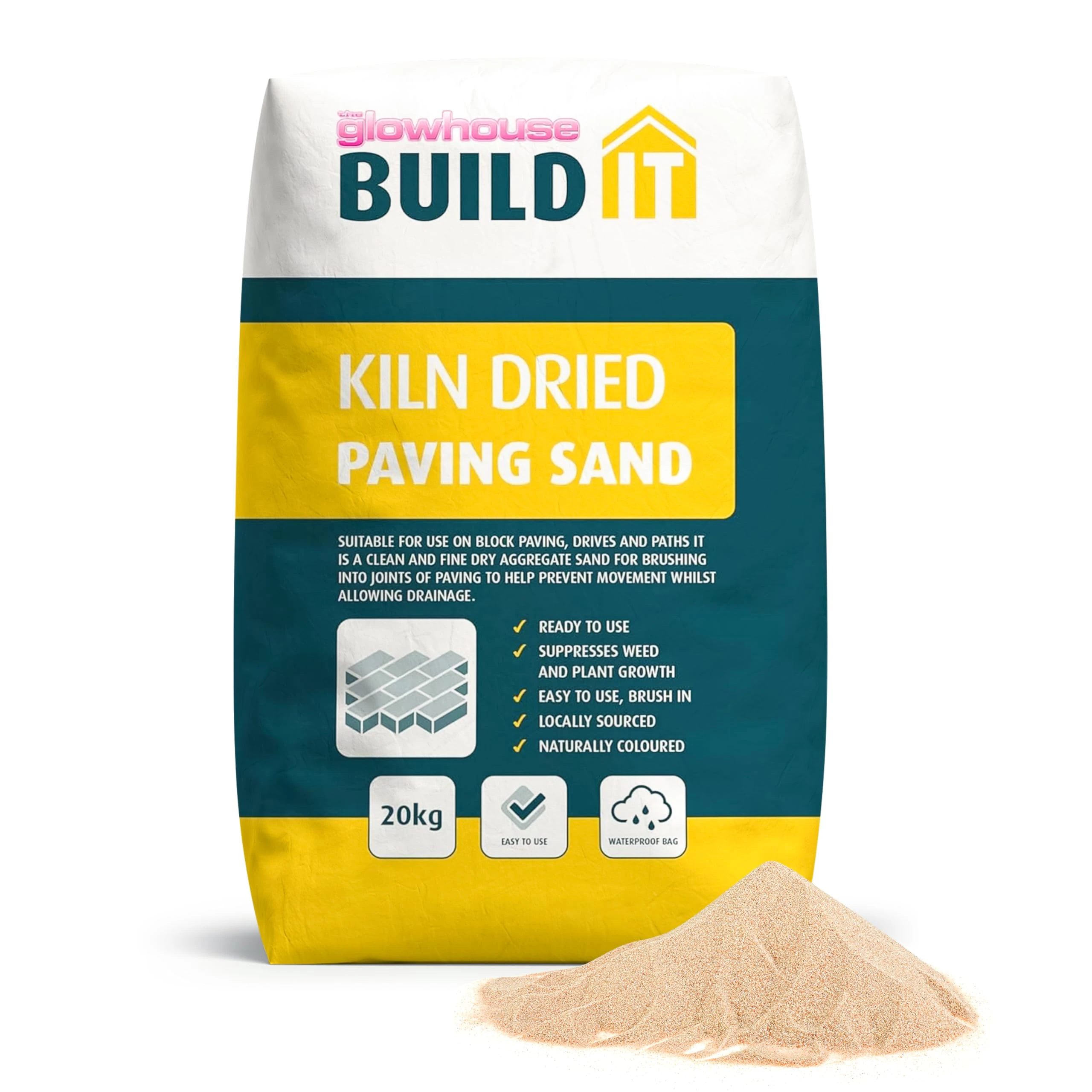 The Glowhouse Kiln Dried Sand Brushing in Joint Gap Filling Paving Block Slabs Patio and Drives Fine Dry Aggregate Silica Sand Bag 20kg - Made in the UK