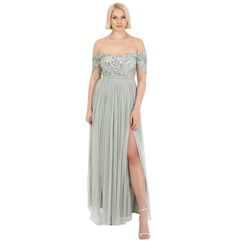 Maya Deluxe Women's Ladies Maxi Dress Bardot Neckline Off Shoulder Tulle High Side Split Slit A-line Bridesmaid Wedding Guest Prom Green Lily 10