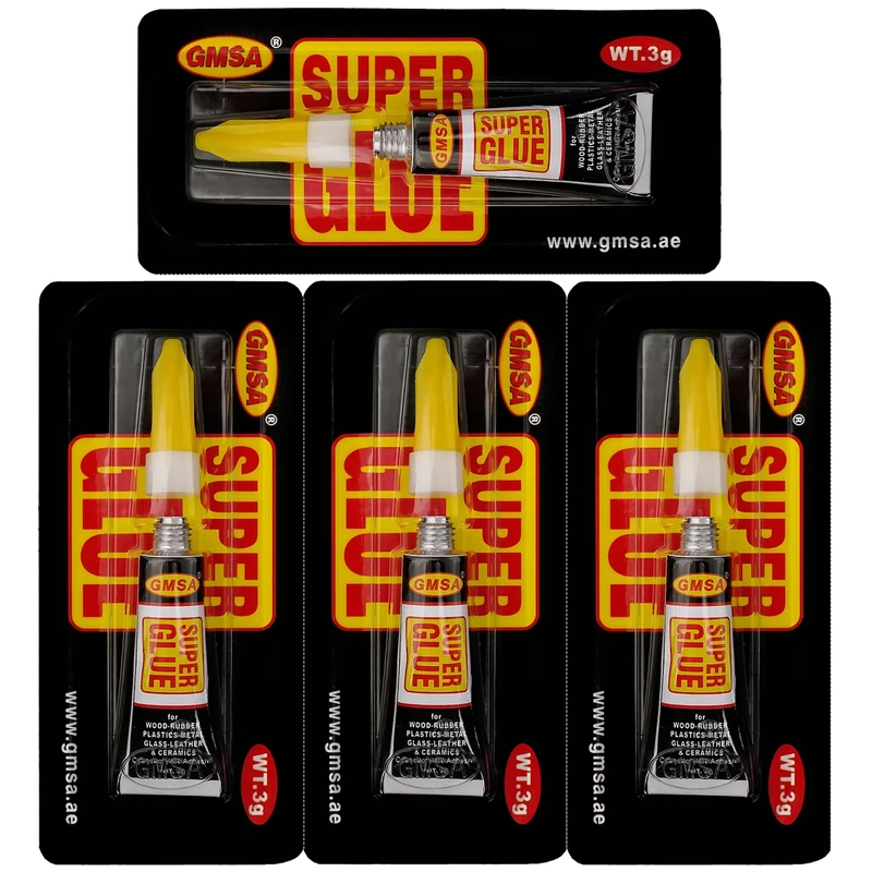 GMSA 4 Pack SuperGlue - 3g Fastest & Toughest Adhesive Instant Repair Super Glue All Purpose - Strong Super glue for Hard Plastic, Rubber, Metal, Leather, Ceramics, Wood, DIY Craft & as Shoe Glue