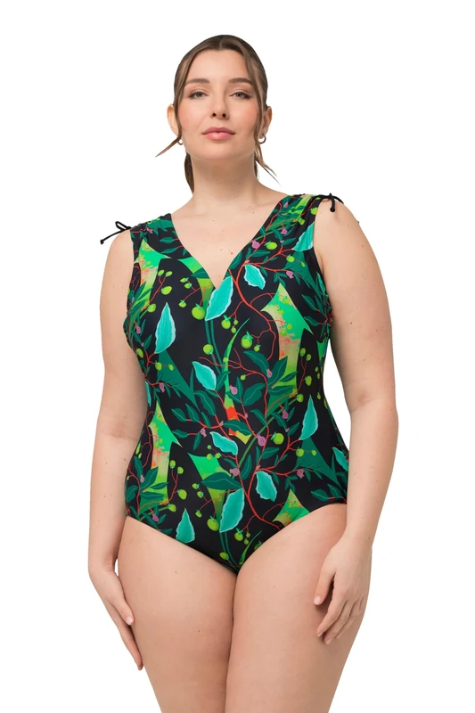 Ulla Popken Women's Petra Ruffled Shoulder Swimsuit, Black, 34