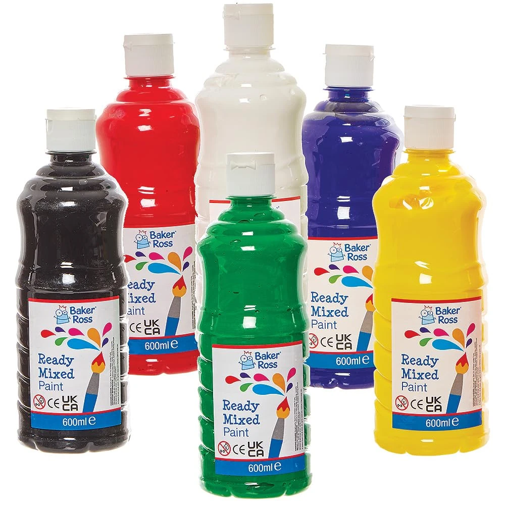 Baker Ross FN163 Ready Mixed Paints Pack A - Pack of 6, Paint Value Pack of Bottles, Paint for Kids