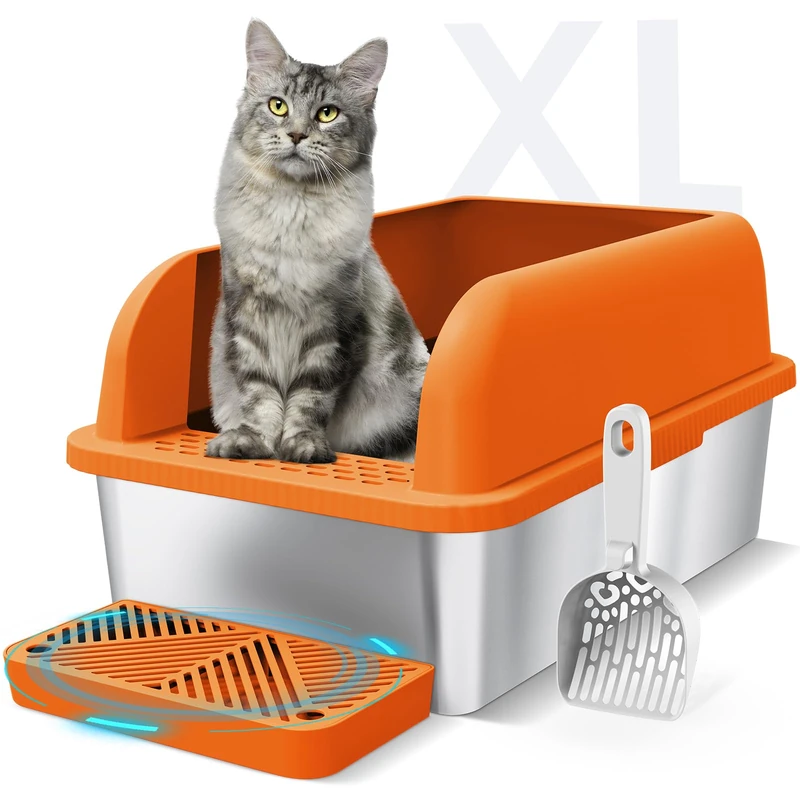 Suzzipaws Enclosed Stainless Steel Cat Litter Tray with Lid, Extra Large Litter Box for Big Cats, XL Metal Pan with High Sides, Non-Stick, Anti-Leakage, Easy Cleaning (Orange) - Image 1
