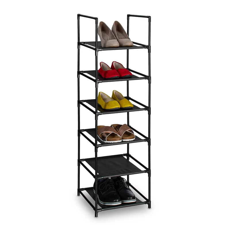 Relaxdays Shoe Rack, 6 Tiers, Narrow Metal Frame, Fabric Levels, Plug Together, Organise, Hallway Storage, Black/Grey, Fleece