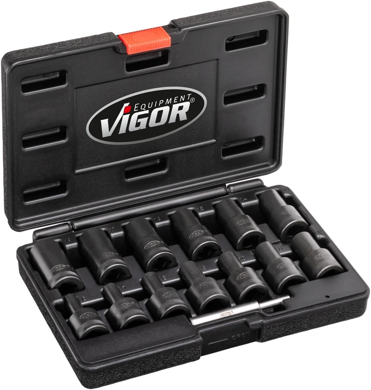 ViGOR Spiral Groove Extractor Set V2404N, Actuation of Nuts with Round Turned Heads, 1/2 Inch (12.5 mm) Square Drive, External Screw Extractor Profile