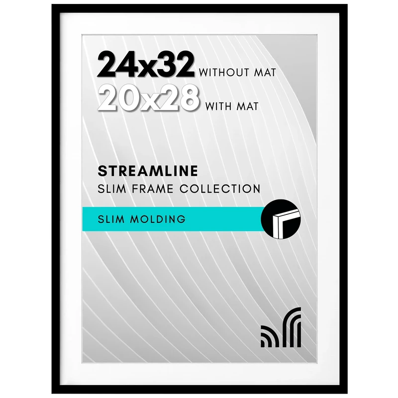 Americanflat 24x32 Poster Frame With Polished Perspex Glass - 20x28 With Mat or 24x32 Without Mount - Thin Black Frame for Wall Decor, Streamline Collection