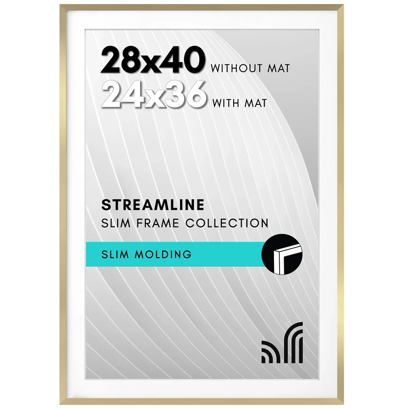 Americanflat 28x40 Poster Frame With Polished Plexiglass - Use as 24x36 With Mat or 28x40 Without Mat - Streamline Collection - Thin Photo Display for Wall - Gold