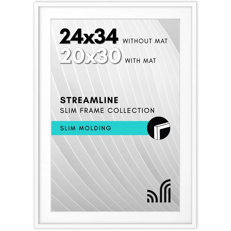 Americanflat Streamline Collection White Poster Frame with Polished Perspex Glass 24x34 inch (50x76cm) with Mat or 24x34 Without Mount Thin Frame for Wall Decor