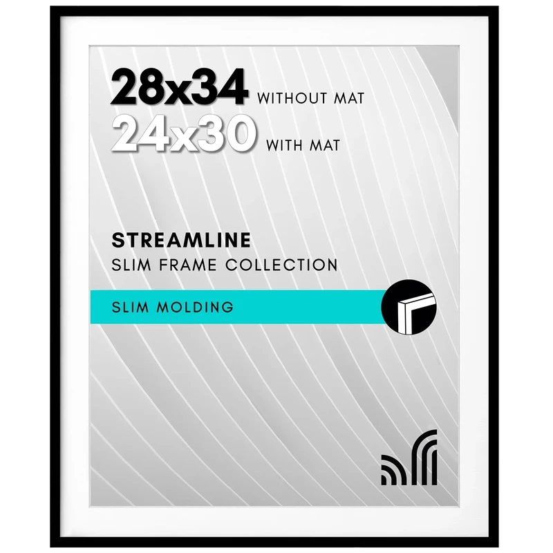 Americanflat 28x34 Poster Frame with Polished Plexiglass - Use as 24x30 Frame with Mat or 28x34 Frame Without Mat - Streamline Collection - Thin Photo Frame for Wall Display - Black
