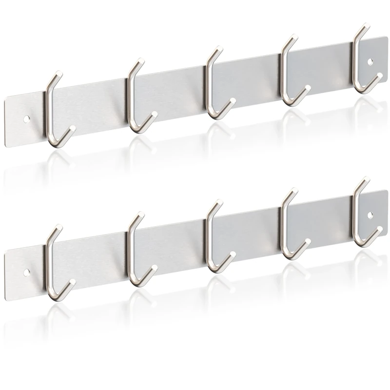 RICOO Heavy Duty Stainless Steel Wall Mounted Coat Hooks, MH028S-5x2, Elegant Hook Rack for Entryway, Kitchen, Bathroom, with 5 Durable Hooks, Silver