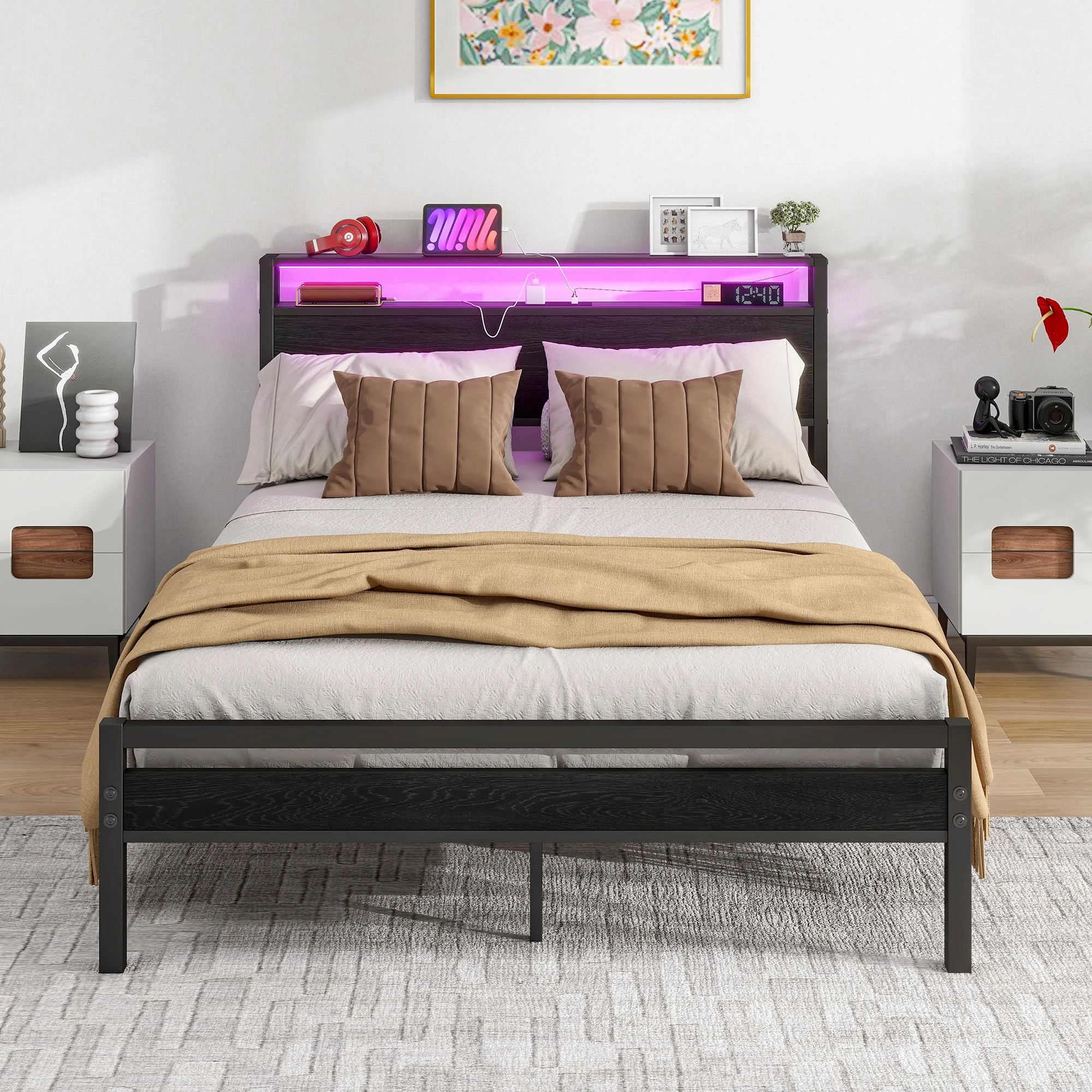 BORPHOM Double Bed Frame with Storage Wood Headboard Shelf,LED Lights,4ft6 Metal Platform Bed Frame Double Bed with Charging Station,Mattress Base,Strong Steel Slats Support,Under-bed Storage,Black