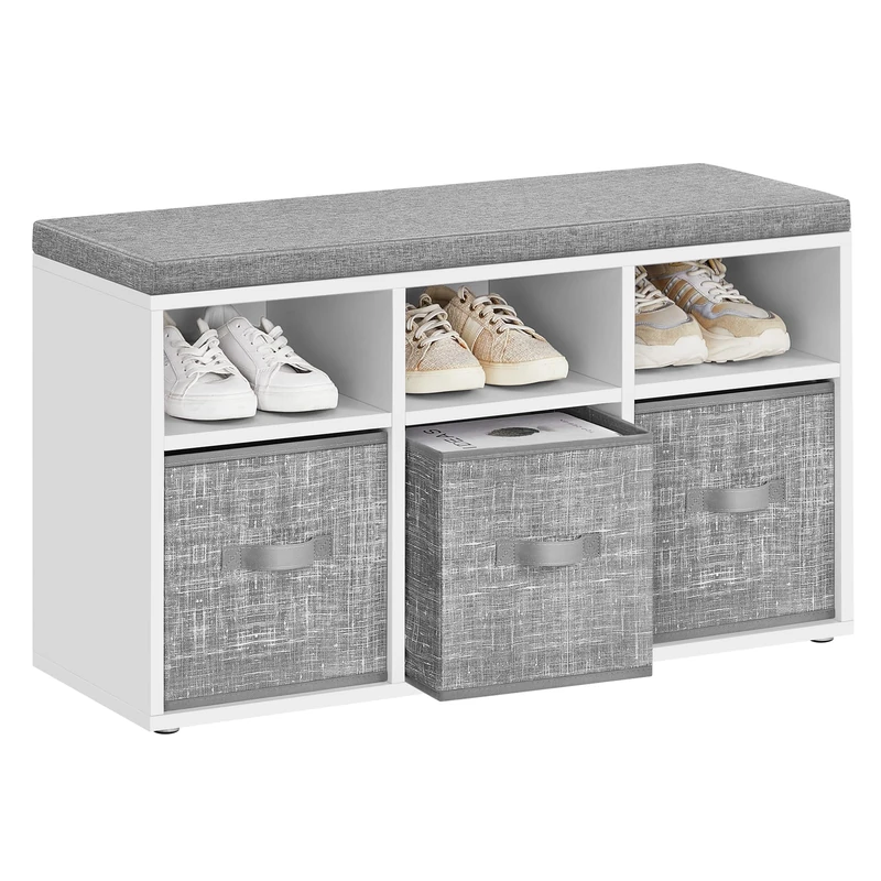 VASAGLE Shoe Bench with Cushion, Shoe Storage Bench with 6 Compartments and 3 Adjustable Shelves, Hallway Bench with 3 Storage Boxes, for Bedroom, Closet, Living Room, Cloud White LSB101W01