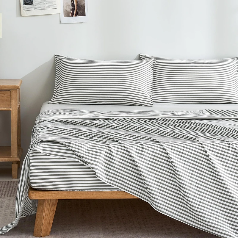 JELLYMONI 100% Cotton Queen Sheet Set, Gray Striped