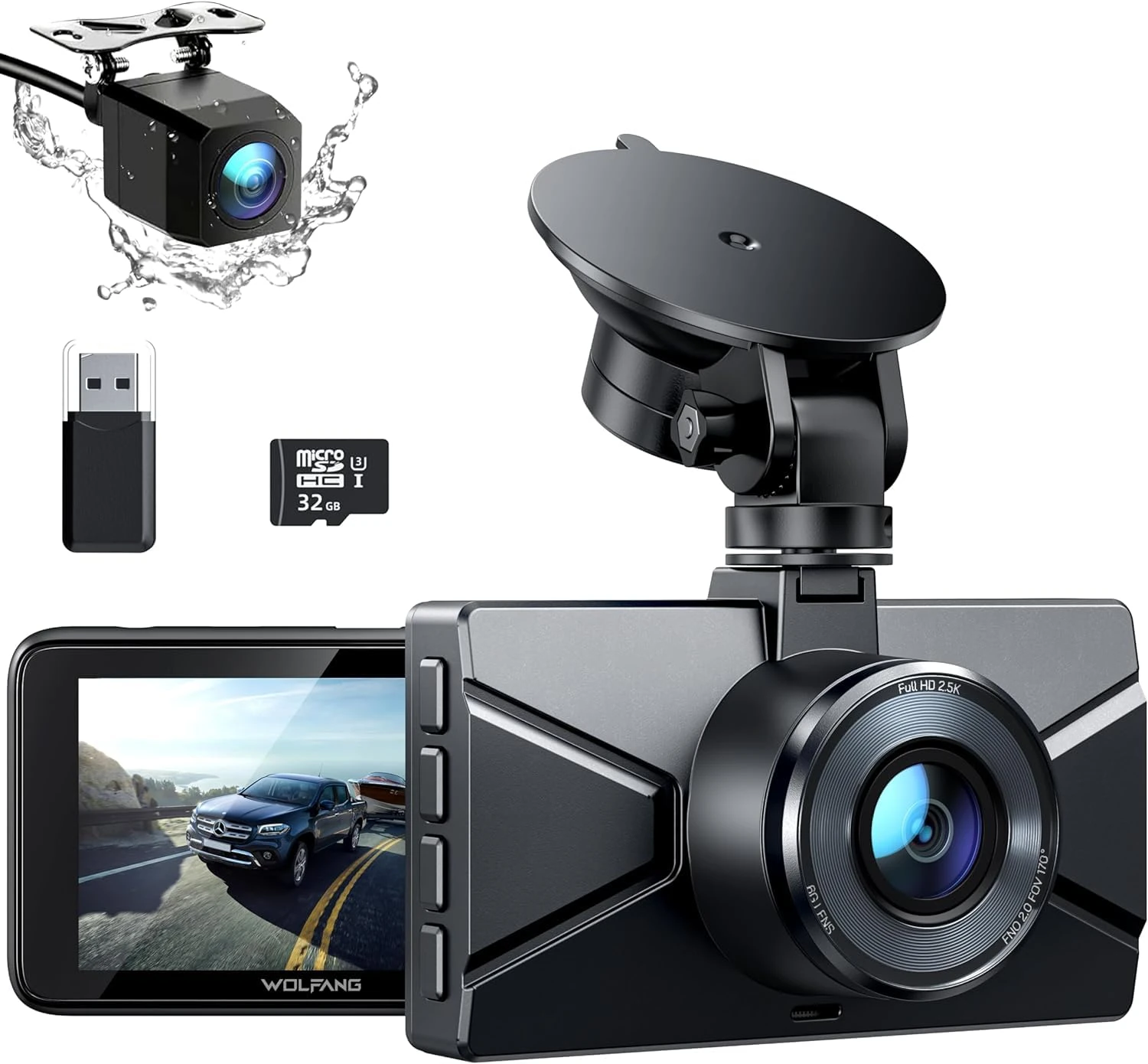 WOLFANG Dash Cam Front and Rear 2.5K, 1440P Dashcam for Cars with 3.0" LCD Display, Super Night Vision, Loop Recording, G-Sensor, 170 Wide Angle WDR, 24H Parking Guard, with SD Card and Reader
