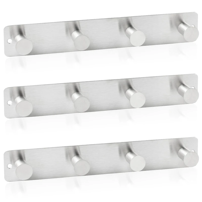 RICOO Heavy Duty Stainless Steel Wall Mounted Coat Hooks, MH025S-4x3, Elegant Hook Rack for Entryway, Kitchen, Bathroom, with 4 Durable Hooks, Silver