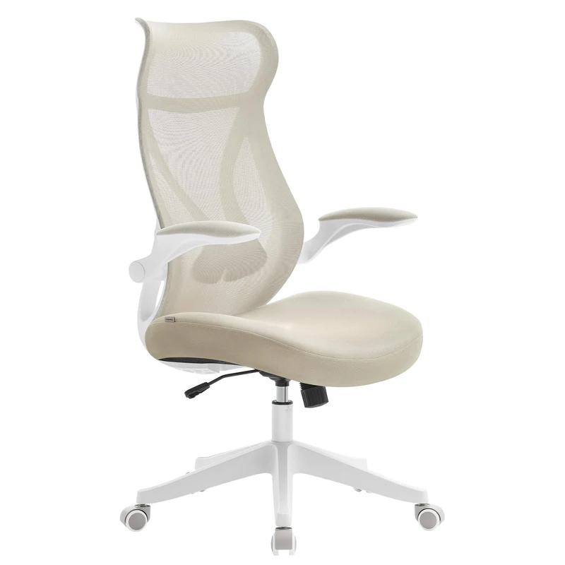 SONGMICS Office Chair, Swivel Mesh Chair, Ergonomic Backrest, Height Adjustable, Flip-Up Armrests, Headrest, Supports up to 150 kg, Cappuccino Beige OBN088K01