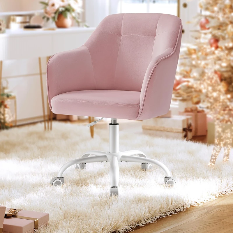 SONGMICS Office Chair, Swivel Chair, Desk Chair, Makeup Vanity Chair, Adjustable Height, Armrests, 110 kg Load, Velvet, Home Office, Study, Bedroom, Jelly Pink OBG019R12