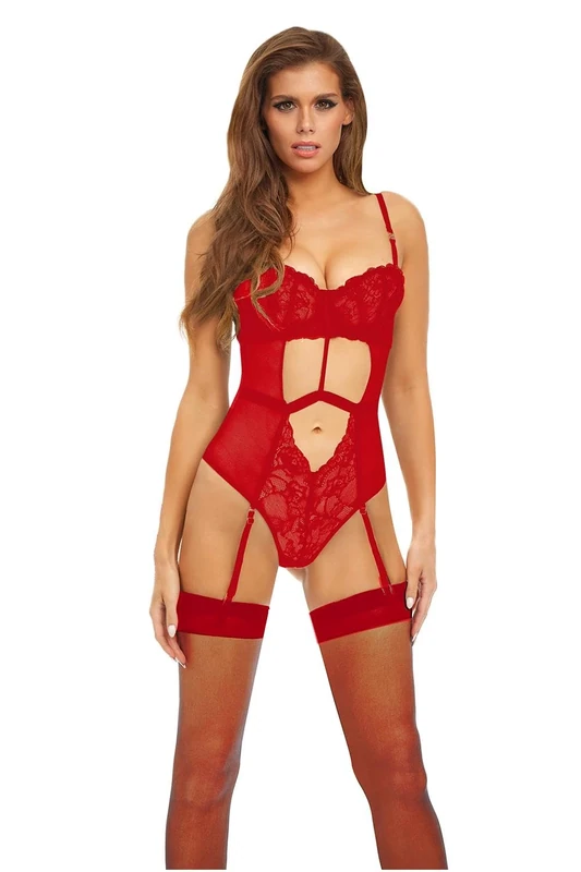 Bombshell Boudoir Strap Overlay Teddy Erotische Dessous-Set Red S - Image 1