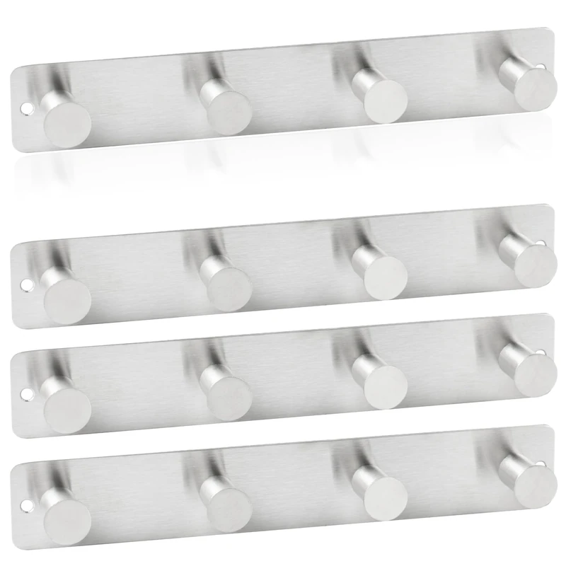 RICOO Heavy Duty Stainless Steel Wall Mounted Coat Hooks, MH025S-4x4, Elegant Hook Rack for Entryway, Kitchen, Bathroom, with 4 Durable Hooks, Silver