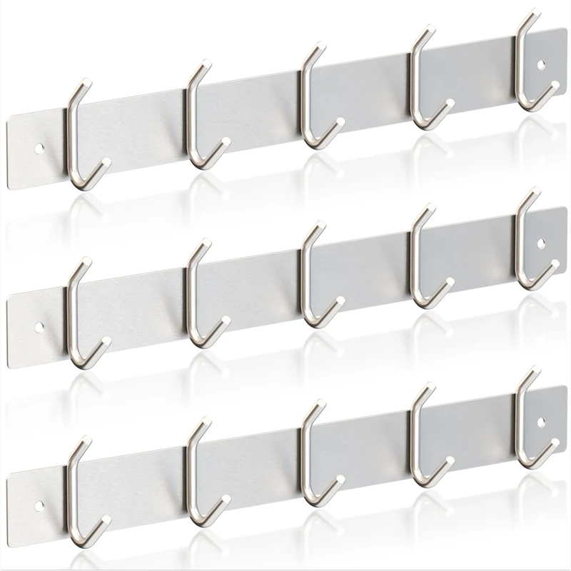 RICOO Heavy Duty Stainless Steel Wall Mounted Coat Hooks, MH028S-5x3, Elegant Hook Rack for Entryway, Kitchen, Bathroom, with 5 Durable Hooks, Silver