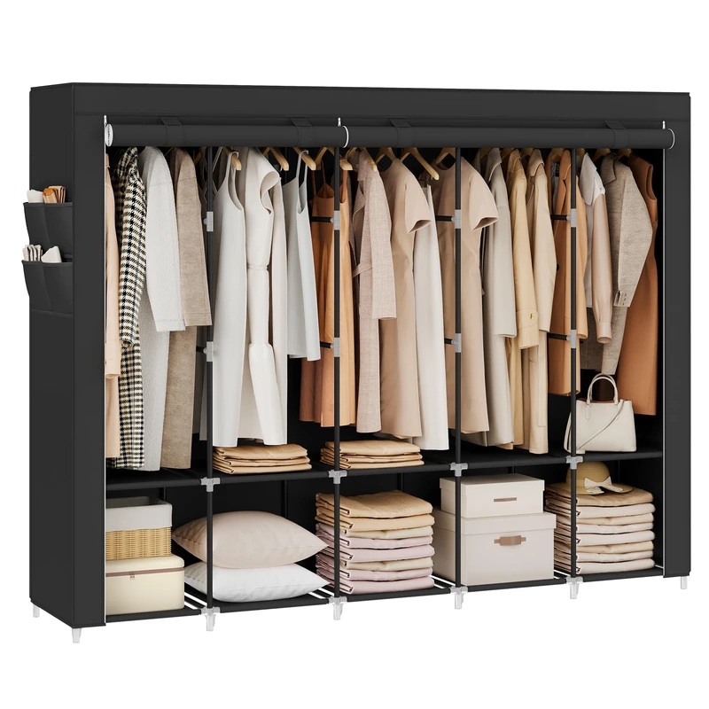SONGMICS Clothes Wardrobe, Portable Closet, Garment Organiser Rack with 5 Hanging Rails, Shelves, 4 Side Pockets, 45 x 211 x 167 cm, Large Capacity, Ink Black RYG095B01