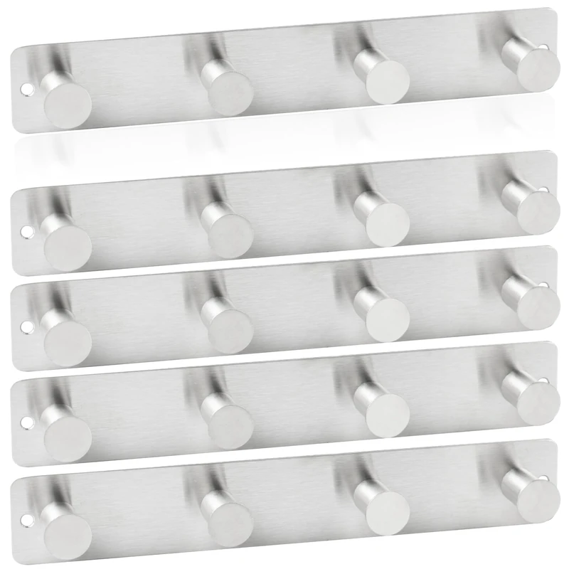 RICOO Heavy Duty Stainless Steel Wall Mounted Coat Hooks, MH025S-4x5, Elegant Hook Rack for Entryway, Kitchen, Bathroom, with 4 Durable Hooks, Silver