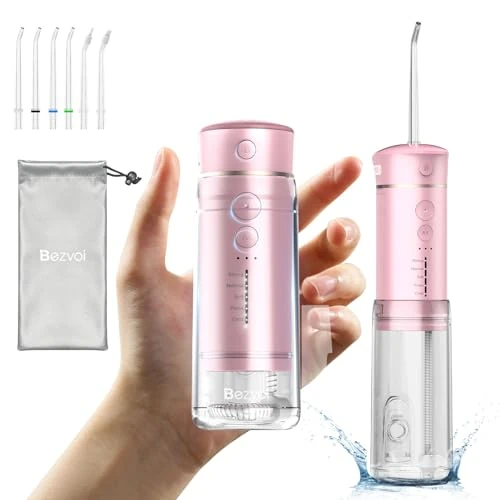 Water Flosser Cordless Travel, Mini Oral Irrigator with Telescopic Water Tank, 5 Modes, 6 Jet Tips, IPX7 Waterproof Electric Portable Water Teeth Cleaner Picks for Braces Bridges Care