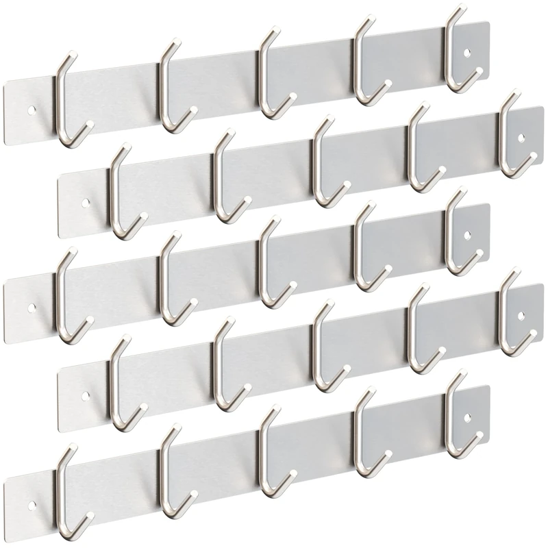 RICOO Heavy Duty Stainless Steel Wall Mounted Coat Hooks, MH028S-5x5, Elegant Hook Rack for Entryway, Kitchen, Bathroom, with 5 Durable Hooks, Silver