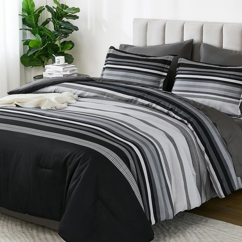 Dobuyly Grey King Size Comforter Set 7 Pieces, Striped Bed in a Bag Soft Microfiber All Season Boho Bedding Set with Comforter, Sheets, Pillowcases & Shams