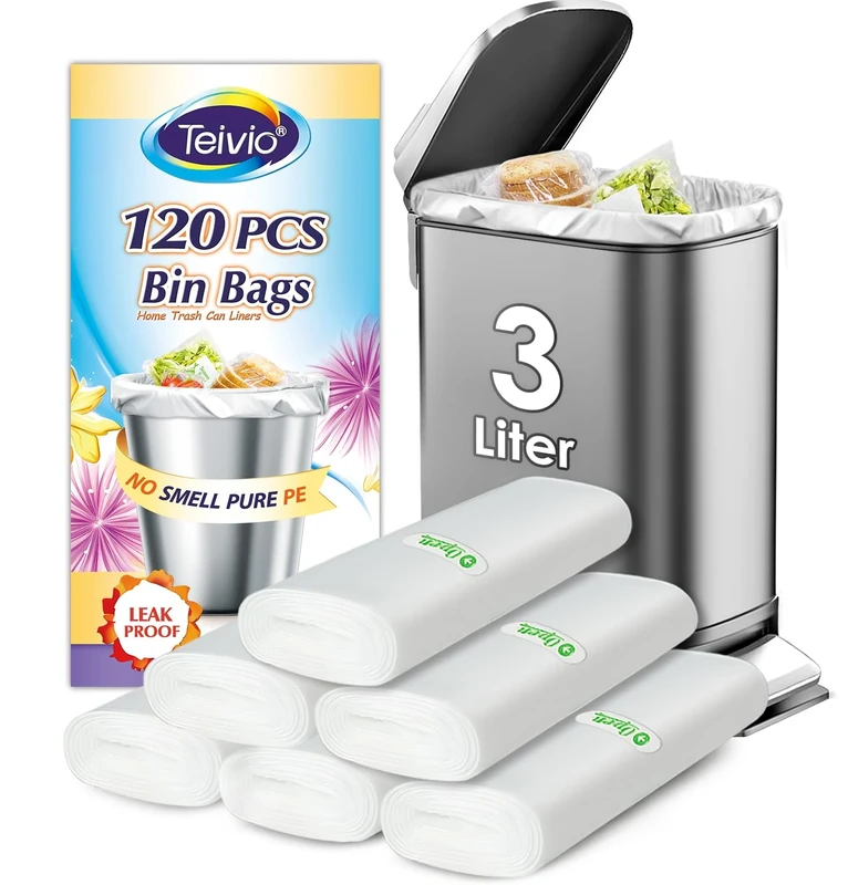 Teivio 3 Liter Small Bin Bags 120 Counts Pedal Bin Liners Thick Plastic Waste Bags for Bathroom, Kitchen, Office, Fit 0.8-1 Gal Mini Rubbish Bin, Clear