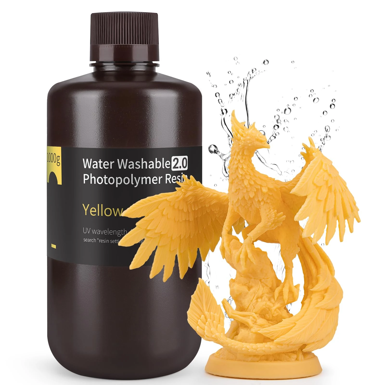ELEGOO Upgraded Water Washable 3D Printer Resin 2.0, 405nm UV-Curing 3D Resin with Lower Shrinkage and Higher Precision for LCD 3D Printing Yellow 1KG