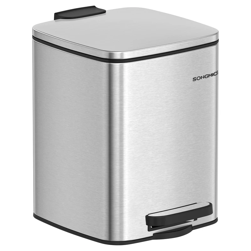 SONGMICS Kitchen Bin, 1.6-Gallon (6 L) Trash Bin, Steel Pedal Bin, with Inner Bucket, Soft Close and Stays Open, Metallic Silver LTB590E02