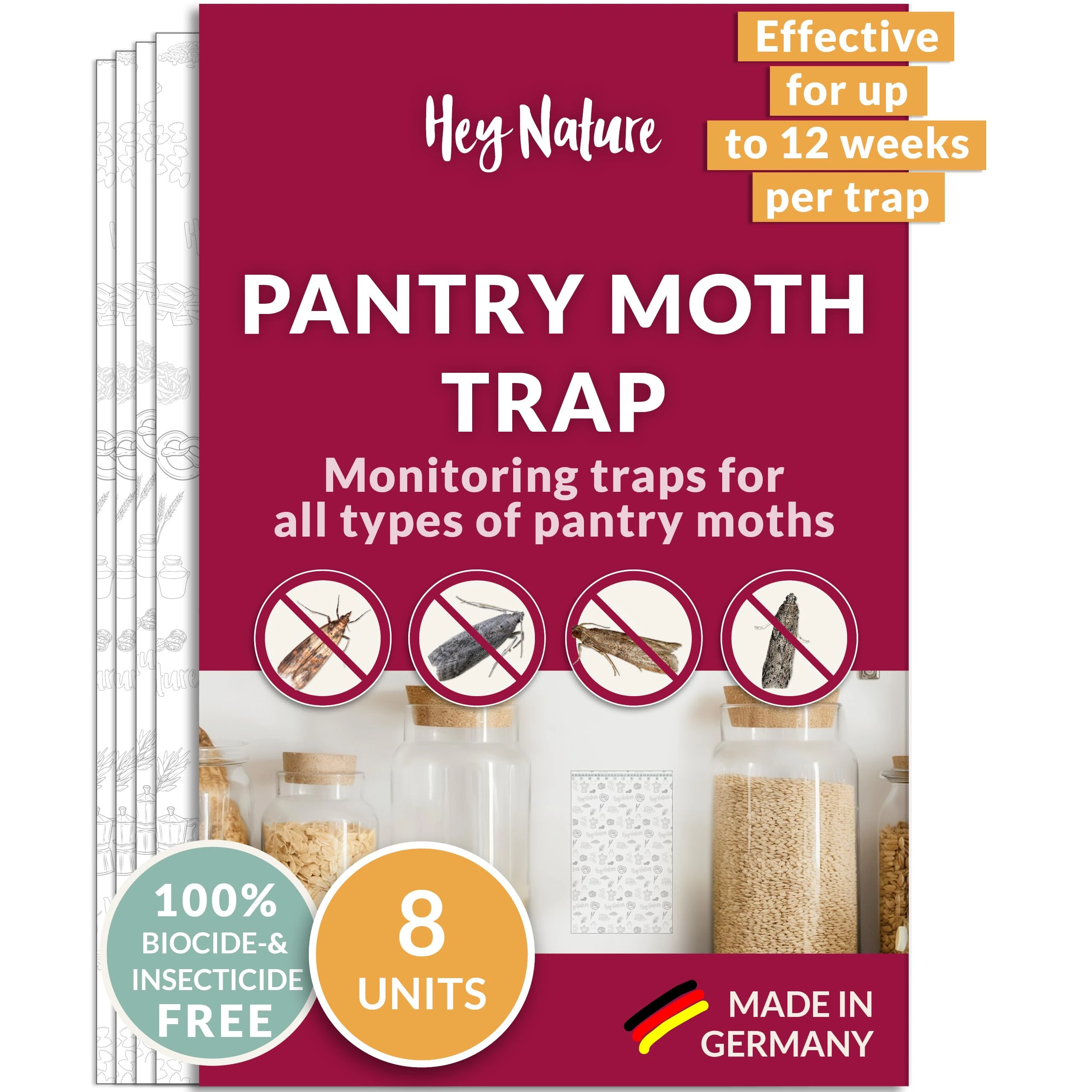 Hey Nature Pantry Moth Traps, 8 Pieces, Food Moth Trap, Non-toxic Moth Catcher With No Insecticides, Pheromone Moth Traps With Maximum Effect to Identify Infestation, Monitoring Trap Against Moths