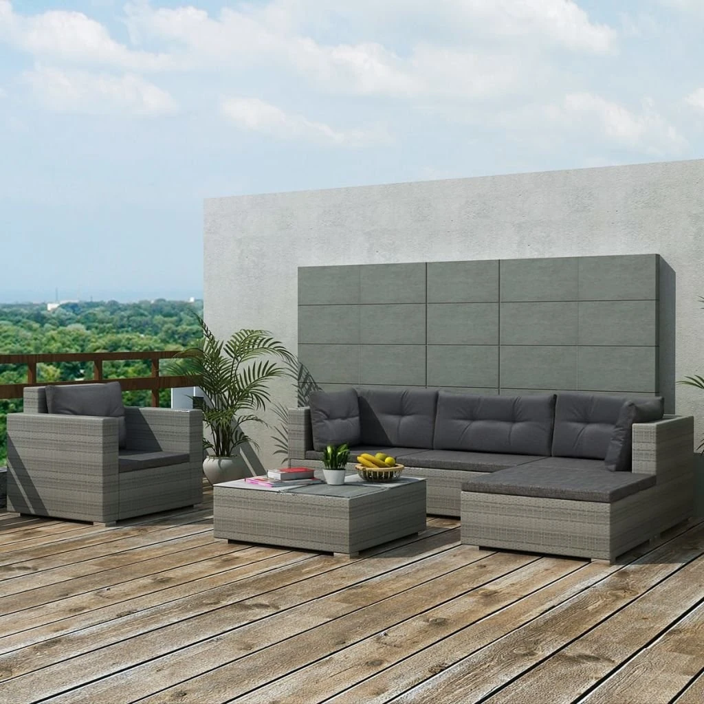 Rantry 6 Piece Garden Lounge Set with Cushions, PE Rattan Grey Outdoor Furniture Set with Table for Patio Balcony Terrace Backyard