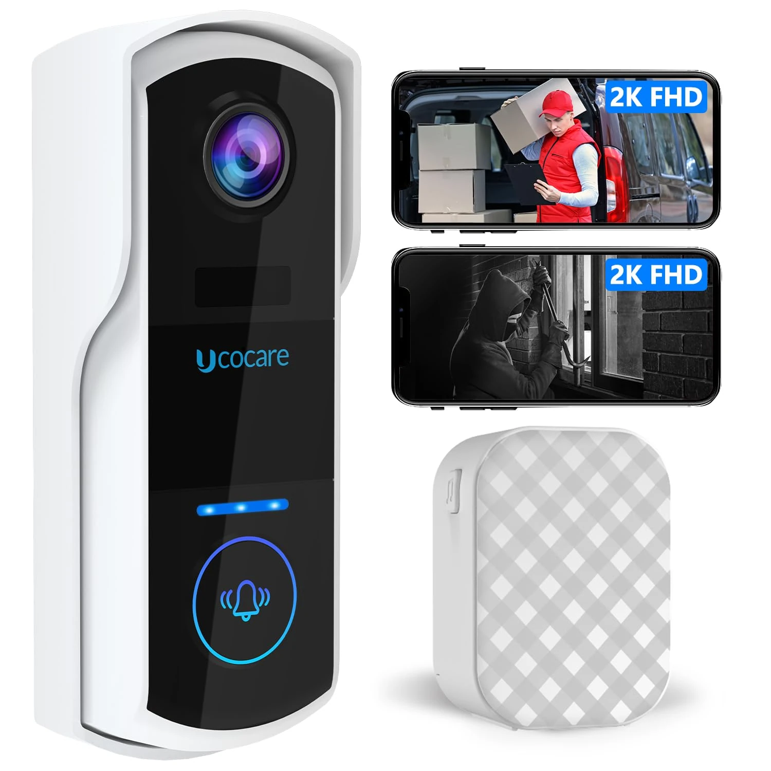 UCOCARE Doorbell Camera Wireless with Chime, 2K FHD Video Doorbell Wireless, PIR Motion Detection, Instant Alerts, 2-Way Audio, Night Vision, 2.4G WiFi, IP67, Battery Powered(Black)