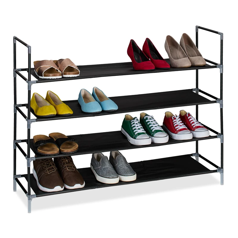 Relaxdays Shoe Rack, Metal Frame, Fabric Material Shelves, 4 Levels, HxWxD: 75 x 100 x 28 cm, 1m Wide, Black/Transparent, Fleece