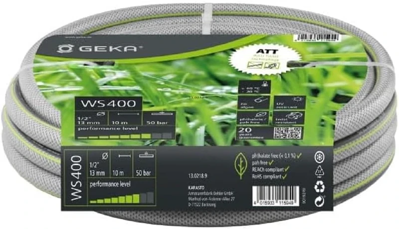 GEKA plus Water WS400, Size inch 1/2 inch, Length 10 m, 5-Layer Construction, Garden Hose, 13.0218.9, Gray
