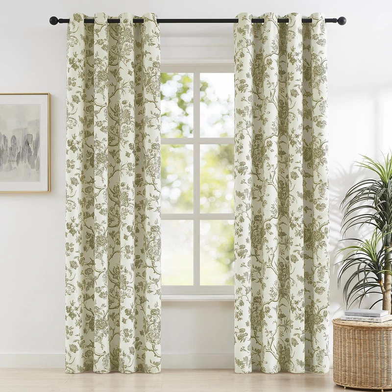 Melodieux Vintage Floral Cotton Blackout Curtains for Living Room, Bedroom French Farmhouse Country Drapes Thermal Insulated Toile de Jouy Grommet Curtains, 52 by 96 in, Tan Beige, 2 Panels